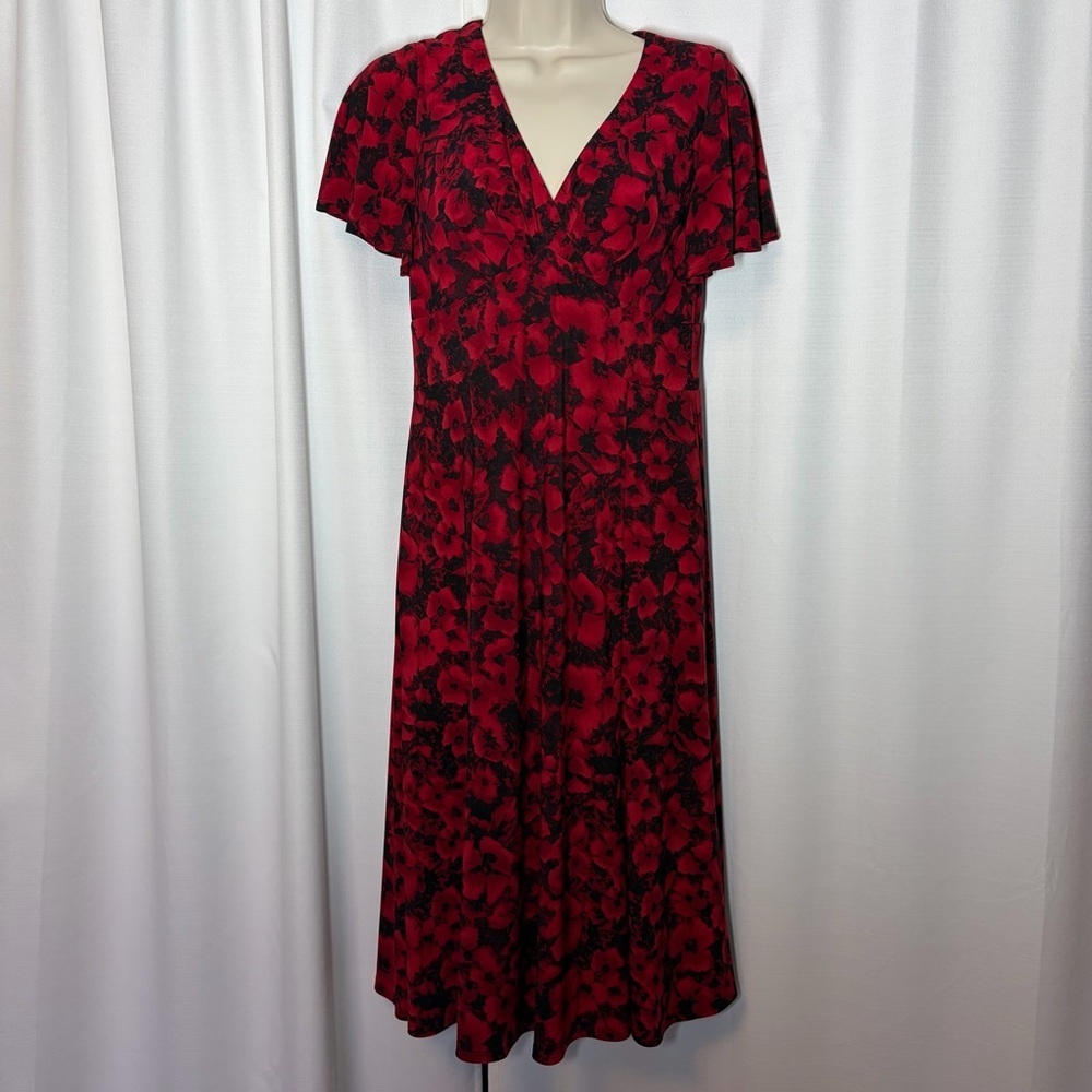 Chaps Dress Dark Floral Red Flutter Sleeve Midi Office Fit Flare Surplice S - Picture 2 of 14